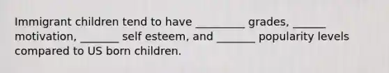 Immigrant children tend to have _________ grades, ______ motivation, _______ self esteem, and _______ popularity levels compared to US born children.