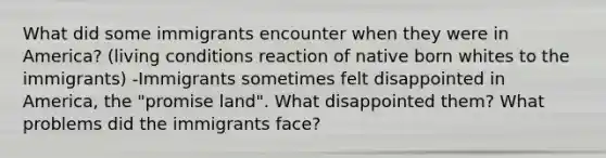 What did some immigrants encounter when they were in America? (living conditions reaction of native born whites to the immigrants) -Immigrants sometimes felt disappointed in America, the "promise land". What disappointed them? What problems did the immigrants face?