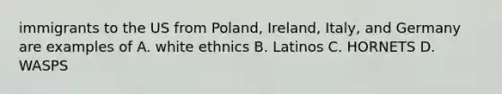 immigrants to the US from Poland, Ireland, Italy, and Germany are examples of A. white ethnics B. Latinos C. HORNETS D. WASPS