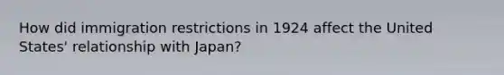 How did immigration restrictions in 1924 affect the United States' relationship with Japan?