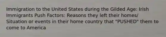 Immigration to the United States during the Gilded Age: Irish Immigrants Push Factors: Reasons they left their homes/ Situation or events in their home country that "PUSHED" them to come to America