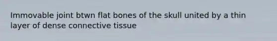 Immovable joint btwn flat bones of the skull united by a thin layer of dense connective tissue