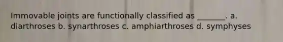 Immovable joints are functionally classified as _______. a. diarthroses b. synarthroses c. amphiarthroses d. symphyses