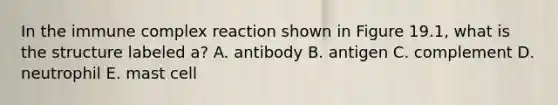 In the immune complex reaction shown in Figure 19.1, what is the structure labeled a? A. antibody B. antigen C. complement D. neutrophil E. mast cell