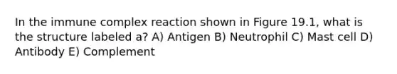 In the immune complex reaction shown in Figure 19.1, what is the structure labeled a? A) Antigen B) Neutrophil C) Mast cell D) Antibody E) Complement