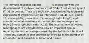 The immune response against _______ is associated with the development of systemic and mucosal CD4+ T helper cell type 2 (Th2) responses. These are typically characterized by increased expression of cytokines such as interleukin-4 (IL-4), IL-5, and IL-13, eosinophilia, production of immunoglobulin E (IgE), and stimulation of alternatively activated (M2) macrophages and type 2 innate lymphoid cells (ILC2). The alternatively activated macrophages are considered to play an important role in repairing the tissue damage caused by the helminth infection.1 These Th2 cytokines also promote an increase in the number of eosinophils and basophils in blood and tissues