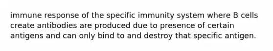 immune response of the specific immunity system where B cells create antibodies are produced due to presence of certain antigens and can only bind to and destroy that specific antigen.