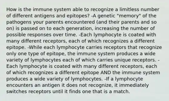 How is the immune system able to recognize a limitless number of different antigens and epitopes? -A genetic "memory" of the pathogens your parents encountered (and their parents and so on) is passed on to each generation, increasing the number of possible responses over time. -Each lymphocyte is coated with many different receptors, each of which recognizes a different epitope. -While each lymphocyte carries receptors that recognize only one type of epitope, the immune system produces a wide variety of lymphocytes each of which carries unique receptors. -Each lymphocyte is coated with many different receptors, each of which recognizes a different epitope AND the immune system produces a wide variety of lymphocytes. -If a lymphocyte encounters an antigen it does not recognize, it immediately switches receptors until it finds one that is a match.