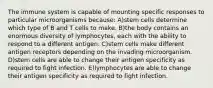 The immune system is capable of mounting specific responses to particular microorganisms because: A)stem cells determine which type of B and T cells to make. B)the body contains an enormous diversity of lymphocytes, each with the ability to respond to a different antigen. C)stem cells make different antigen receptors depending on the invading microorganism. D)stem cells are able to change their antigen specificity as required to fight infection. E)lymphocytes are able to change their antigen specificity as required to fight infection.