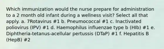 Which immunization would the nurse prepare for administration to a 2 month old infant during a wellness visit? Select all that apply. a. 7Rotavirus #1 b. Pneumococcal #1 c. Inactivated poliovirus (IPV) #1 d. Haemophilus influenzae type b (HIb) #1 e. Diphtheria-tetanus-acellular pertussis (DTaP) #1 f. Hepatitis B (HepB) #2