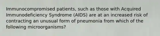 Immunocompromised patients, such as those with Acquired Immunodeficiency Syndrome (AIDS) are at an increased risk of contracting an unusual form of pneumonia from which of the following microorganisms?