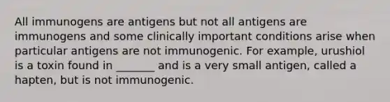 All immunogens are antigens but not all antigens are immunogens and some clinically important conditions arise when particular antigens are not immunogenic. For example, urushiol is a toxin found in _______ and is a very small antigen, called a hapten, but is not immunogenic.