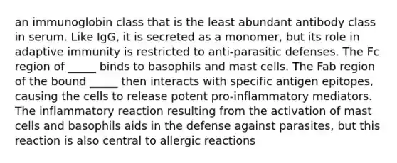 an immunoglobin class that is the least abundant antibody class in serum. Like IgG, it is secreted as a monomer, but its role in adaptive immunity is restricted to anti-parasitic defenses. The Fc region of _____ binds to basophils and mast cells. The Fab region of the bound _____ then interacts with specific antigen epitopes, causing the cells to release potent pro-inflammatory mediators. The inflammatory reaction resulting from the activation of mast cells and basophils aids in the defense against parasites, but this reaction is also central to allergic reactions