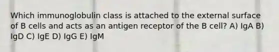 Which immunoglobulin class is attached to the external surface of B cells and acts as an antigen receptor of the B cell? A) IgA B) IgD C) IgE D) IgG E) IgM