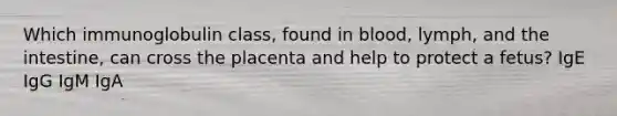 Which immunoglobulin class, found in blood, lymph, and the intestine, can cross the placenta and help to protect a fetus? IgE IgG IgM IgA