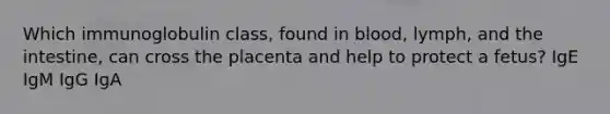 Which immunoglobulin class, found in blood, lymph, and the intestine, can cross the placenta and help to protect a fetus? IgE IgM IgG IgA