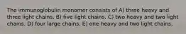 The immunoglobulin monomer consists of A) three heavy and three light chains. B) five light chains. C) two heavy and two light chains. D) four large chains. E) one heavy and two light chains.