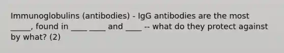 Immunoglobulins (antibodies) - IgG antibodies are the most _____, found in ____ ____ and ____ -- what do they protect against by what? (2)