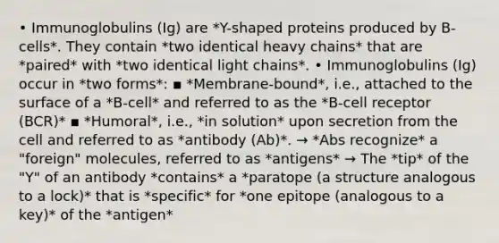 • Immunoglobulins (Ig) are *Y-shaped proteins produced by B-cells*. They contain *two identical heavy chains* that are *paired* with *two identical light chains*. • Immunoglobulins (Ig) occur in *two forms*: ▪ *Membrane-bound*, i.e., attached to the surface of a *B-cell* and referred to as the *B-cell receptor (BCR)* ▪ *Humoral*, i.e., *in solution* upon secretion from the cell and referred to as *antibody (Ab)*. → *Abs recognize* a "foreign" molecules, referred to as *antigens* → The *tip* of the "Y" of an antibody *contains* a *paratope (a structure analogous to a lock)* that is *specific* for *one epitope (analogous to a key)* of the *antigen*