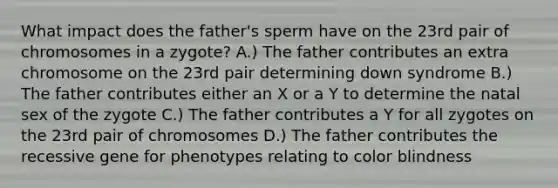 What impact does the father's sperm have on the 23rd pair of chromosomes in a zygote? A.) The father contributes an extra chromosome on the 23rd pair determining down syndrome B.) The father contributes either an X or a Y to determine the natal sex of the zygote C.) The father contributes a Y for all zygotes on the 23rd pair of chromosomes D.) The father contributes the recessive gene for phenotypes relating to color blindness