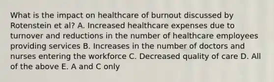 What is the impact on healthcare of burnout discussed by Rotenstein et al? A. Increased healthcare expenses due to turnover and reductions in the number of healthcare employees providing services B. Increases in the number of doctors and nurses entering the workforce C. Decreased quality of care D. All of the above E. A and C only