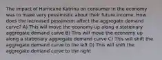 The impact of Hurricane Katrina on consumer in the economy was to make very pessimistic about their future income. How does the increased pessimism affect the aggregate demand curve? A) This will move the economy up along a stationary aggregate demand curve B) This will move the economy up along a stationary aggregate demand curve C) This will shift the aggregate demand curve to the left D) This will shift the aggregate demand curve to the right