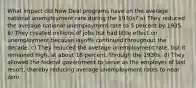 What impact did New Deal programs have on the average national unemployment rate during the 1930s? a) They reduced the average national unemployment rate to 5 percent by 1935. b) They created millions of jobs but had little effect on unemployment because layoffs continued throughout the decade. c) They reduced the average unemployment rate, but it remained high, at about 18 percent, through the 1930s. d) They allowed the federal government to serve as the employer of last resort, thereby reducing average unemployment rates to near zero.