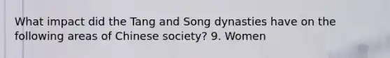 What impact did the Tang and Song dynasties have on the following areas of Chinese society? 9. Women