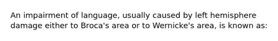 An impairment of language, usually caused by left hemisphere damage either to Broca's area or to Wernicke's area, is known as: