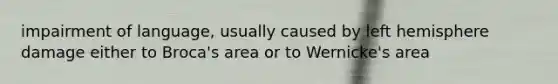 impairment of language, usually caused by left hemisphere damage either to Broca's area or to Wernicke's area