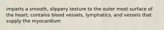 imparts a smooth, slippery texture to the outer most surface of the heart; contains blood vessels, lymphatics, and vessels that supply the myocardium