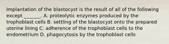 Implantation of the blastocyst is the result of all of the following except _______. A. proteolytic enzymes produced by the trophoblast cells B. settling of the blastocyst onto the prepared uterine lining C. adherence of the trophoblast cells to the endometrium D. phagocytosis by the trophoblast cells