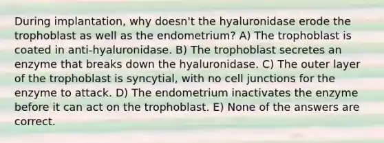 During implantation, why doesn't the hyaluronidase erode the trophoblast as well as the endometrium? A) The trophoblast is coated in anti-hyaluronidase. B) The trophoblast secretes an enzyme that breaks down the hyaluronidase. C) The outer layer of the trophoblast is syncytial, with no cell junctions for the enzyme to attack. D) The endometrium inactivates the enzyme before it can act on the trophoblast. E) None of the answers are correct.