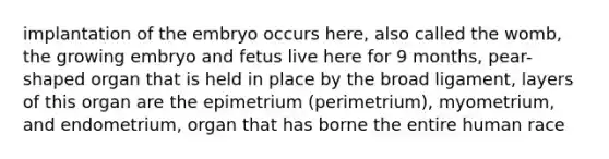 implantation of the embryo occurs here, also called the womb, the growing embryo and fetus live here for 9 months, pear-shaped organ that is held in place by the broad ligament, layers of this organ are the epimetrium (perimetrium), myometrium, and endometrium, organ that has borne the entire human race