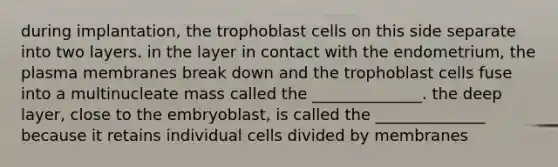 during implantation, the trophoblast cells on this side separate into two layers. in the layer in contact with the endometrium, the plasma membranes break down and the trophoblast cells fuse into a multinucleate mass called the ______________. the deep layer, close to the embryoblast, is called the ______________ because it retains individual cells divided by membranes