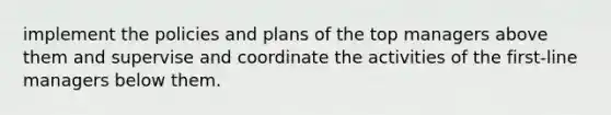 implement the policies and plans of the top managers above them and supervise and coordinate the activities of the first-line managers below them.