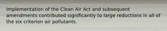 Implementation of the Clean Air Act and subsequent amendments contributed significantly to large reductions in all of the six criterion air pollutants.