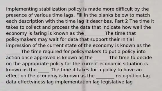 Implementing stabilization policy is made more difficult by the presence of various time lags. Fill in the blanks below to match each description with the time lag it describes. Part 2 The time it takes to collect and process the data that indicate how well the economy is faring is known as the ________ The time that policymakers may wait for data that support their initial impression of the current state of the economy is known as the ______ The time required for policymakers to put a policy into action once approved is known as the ______ The time to decide on the appropriate policy for the current economic situation is known as the _____ The time it takes for a policy to have an effect on the economy is known as the ________ recognition lag data effectviness lag implementation lag legislative lag