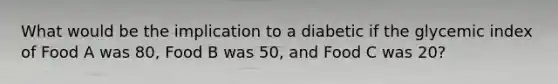 What would be the implication to a diabetic if the glycemic index of Food A was 80, Food B was 50, and Food C was 20?