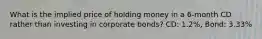 What is the implied price of holding money in a 6-month CD rather than investing in corporate bonds? CD: 1.2%, Bond: 3.33%