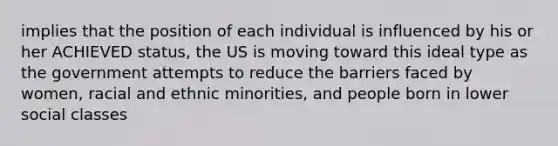 implies that the position of each individual is influenced by his or her ACHIEVED status, the US is moving toward this ideal type as the government attempts to reduce the barriers faced by women, racial and ethnic minorities, and people born in lower social classes