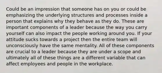 Could be an impression that someone has on you or could be emphasizing the underlying structures and processes inside a person that explains why they behave as they do. These are important components of a leader because the way you carry yourself can also impact the people working around you. If your attitude sucks towards a project then the entire team will unconsciously have the same mentality. All of these components are crucial to a leader because they are under a scope and ultimately all of these things are a different variable that can affect employees and people in the workplace.