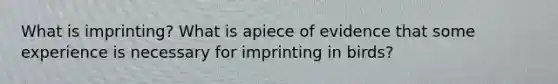 What is imprinting? What is apiece of evidence that some experience is necessary for imprinting in birds?