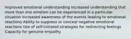 Improved emotional understanding Increased understanding that more than one emotion can be experienced in a particular situation Increased awareness of the events leading to emotional reactions Ability to suppress or conceal negative emotional reactions Use of self-initiated strategies for redirecting feelings Capacity for genuine empathy