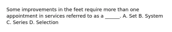 Some improvements in the feet require <a href='https://www.questionai.com/knowledge/keWHlEPx42-more-than' class='anchor-knowledge'>more than</a> one appointment in services referred to as a ______. A. Set B. System C. Series D. Selection