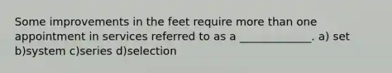 Some improvements in the feet require more than one appointment in services referred to as a _____________. a) set b)system c)series d)selection