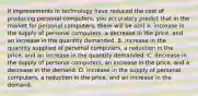 If improvements in technology have reduced the cost of producing personal​ computers, you accurately predict that in the market for personal​ computers, there will be​ a(n) A. increase in the supply of personal​ computers, a decrease in the​ price, and an increase in the quantity demanded. B. increase in the quantity supplied of personal​ computers, a reduction in the​ price, and an increase in the quantity demanded. C. decrease in the supply of personal​ computers, an increase in the​ price, and a decrease in the demand. D. increase in the supply of personal​ computers, a reduction in the​ price, and an increase in the demand.