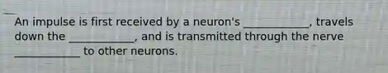 An impulse is first received by a neuron's ____________, travels down the ____________, and is transmitted through the nerve ____________ to other neurons.