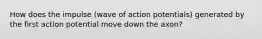 How does the impulse (wave of action potentials) generated by the first action potential move down the axon?