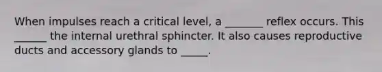 When impulses reach a critical level, a _______ reflex occurs. This ______ the internal urethral sphincter. It also causes reproductive ducts and accessory glands to _____.